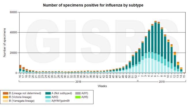 Virus dell’influenza circolanti a livello internazionale anni 2017-2019. Andamento settimanale dei campioni positivi per influenza e relativo sottotipo (Fonte dati: OMS)