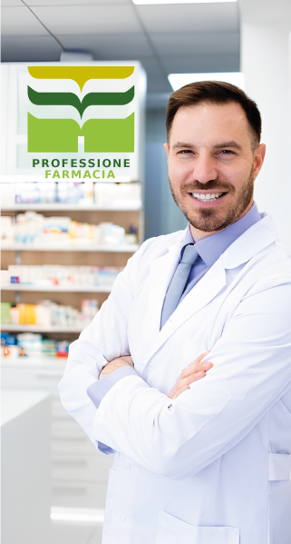 Farmacista sorridente in primo piano con camice. In alto a sinistra, logo e testo 'Professione farmacia'. Al centro, un pulsante verde con la scritta 'SCOPRI I CORSI'. Clicca per esplorare l'offerta formativa